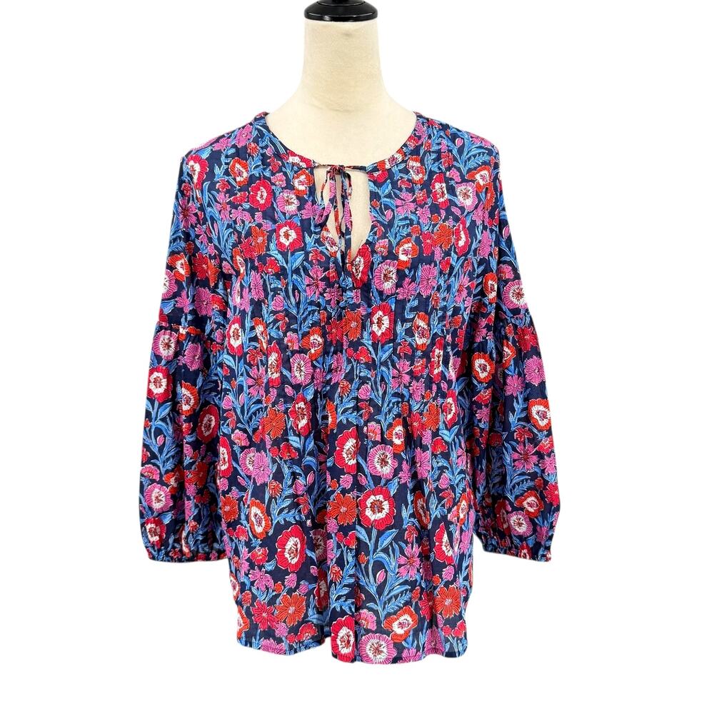 Vineyard Vines NWT Tisbury Navy Pink Floral V-Neck Pleated Peasant Blouse